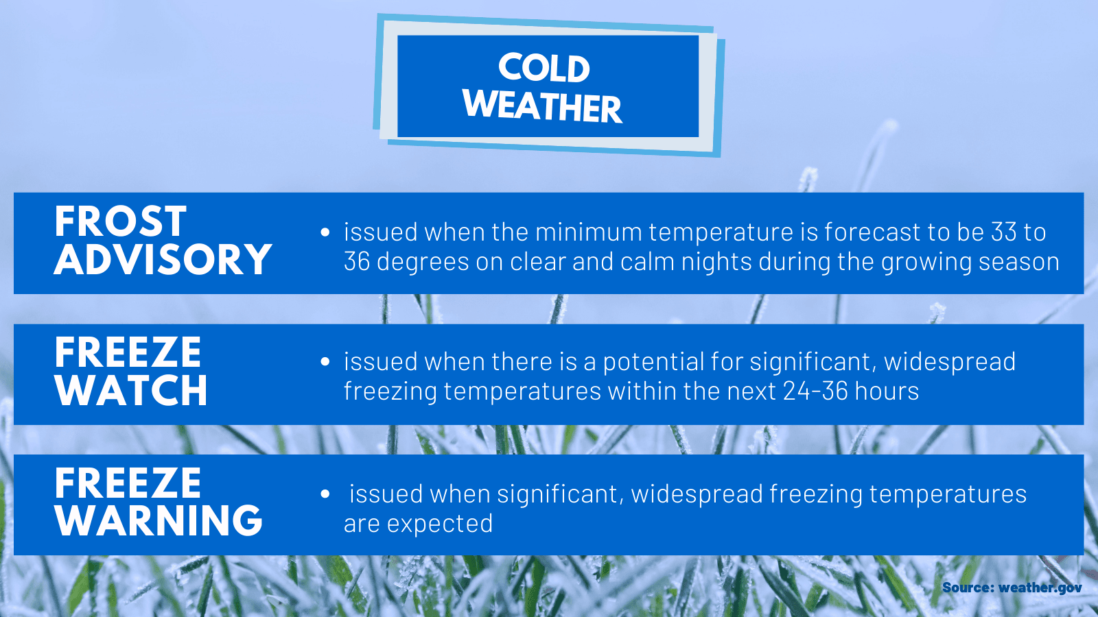 A frost advisory, freeze watch, and freeze warning are issued for different reasons.