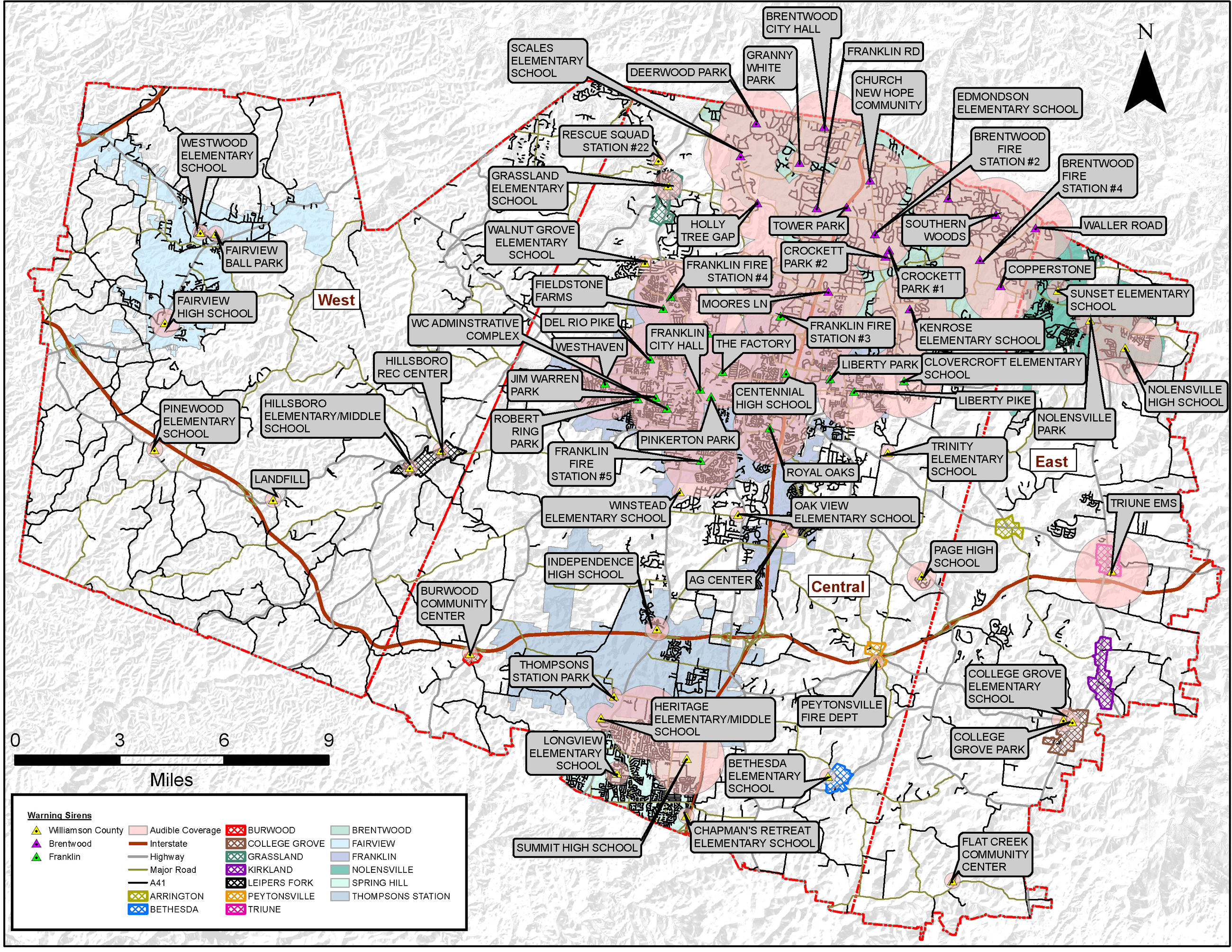 Map of Williamson County outdoor warning sirens with coverage areas.